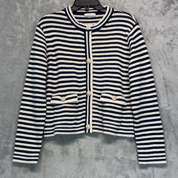 Sioni Navy and Cream Striped Knitted Nautical Casual Jacket Cardigan Size L - Picture 2 of 9